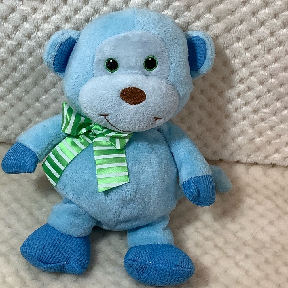 First and Main Plush Blue Bright Babies Monkey Green Bow Stuffed Animal Toy